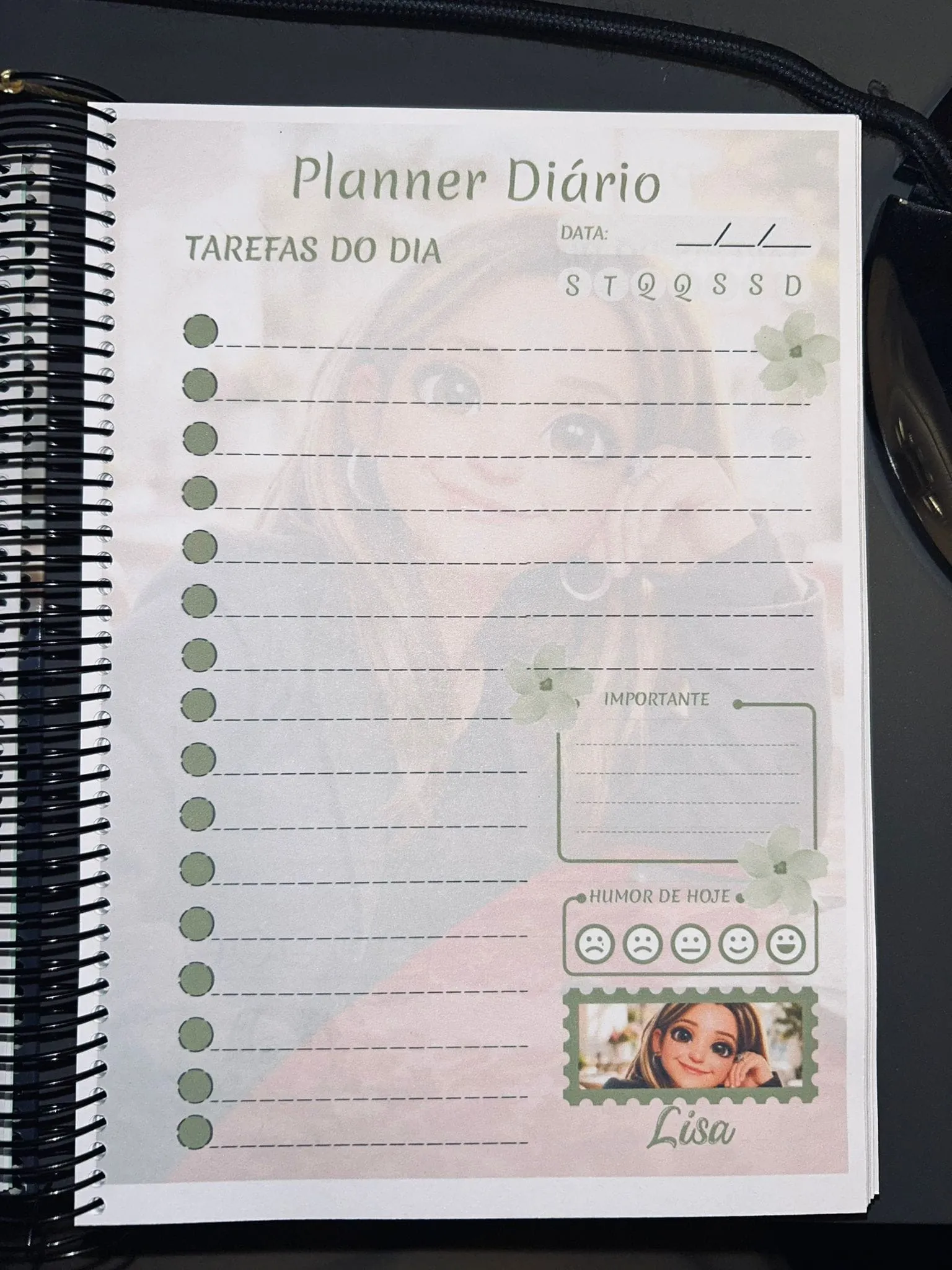 Página de tarefas do dia, com caixa de importantes e registo de humor